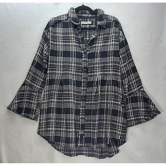 We The Free Tops - We The Free Woven Black Plaid Button Up Oversized Top Bell Sleeves Pockets Small